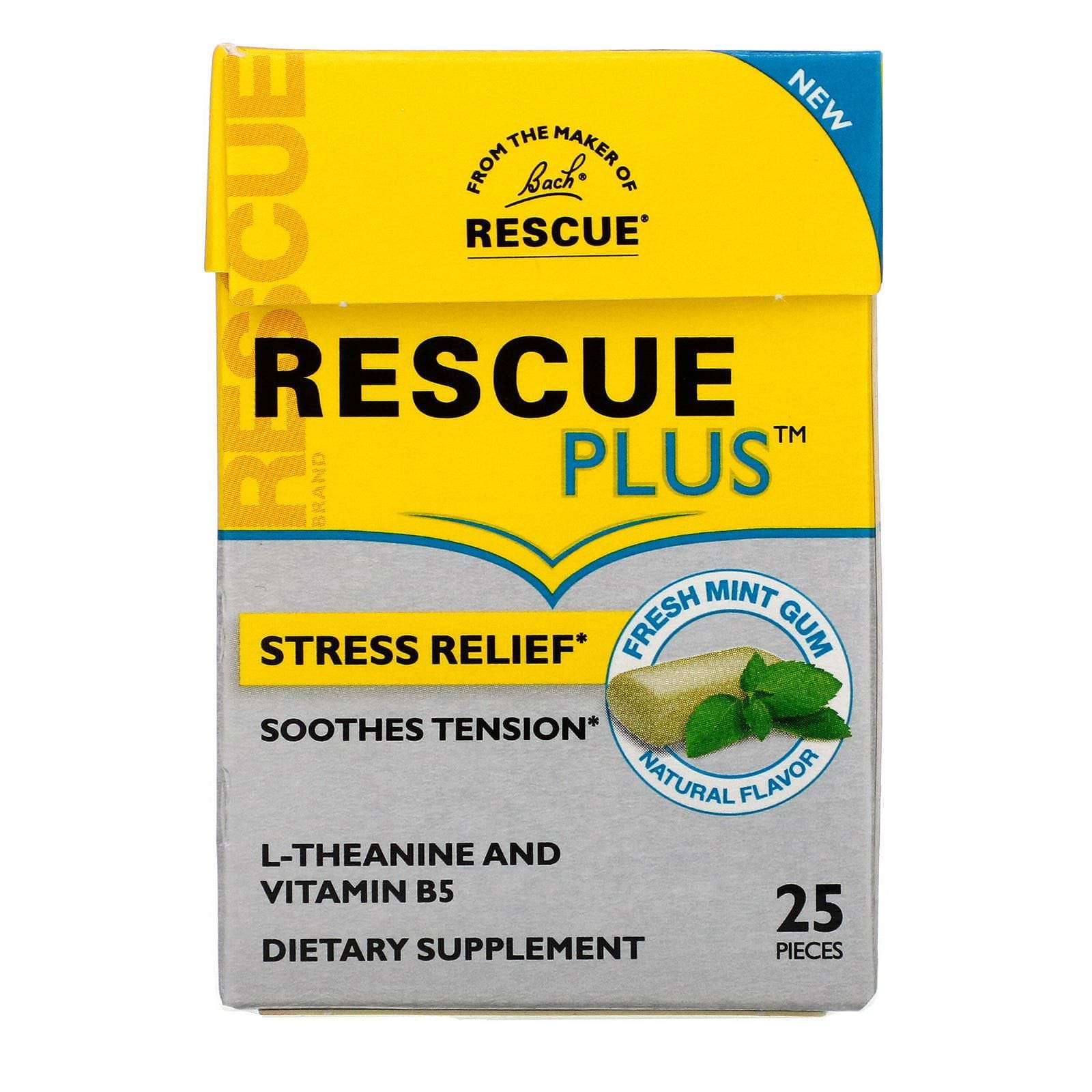 Bach, Rescue Plus Gum, Stress Relief, Fresh Mint, 25 Pieces