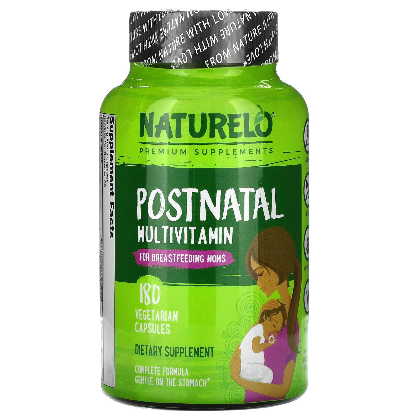 NATURELO, Suplemento multivitamínico posnatal para madres lactantes, 180 cápsulas vegetales
