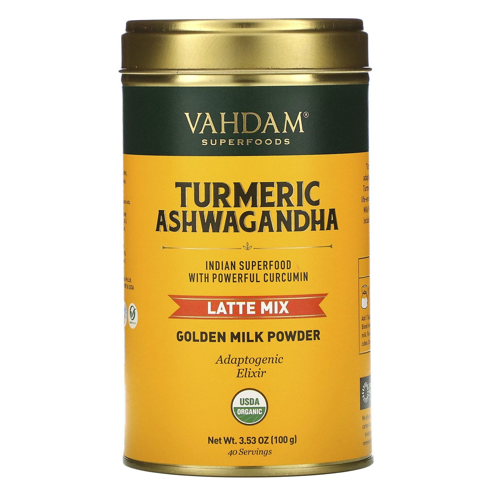 Vahdam Teas, Latte Mix, Cúrcuma y ginseng indio, 100 g (3,53 oz)