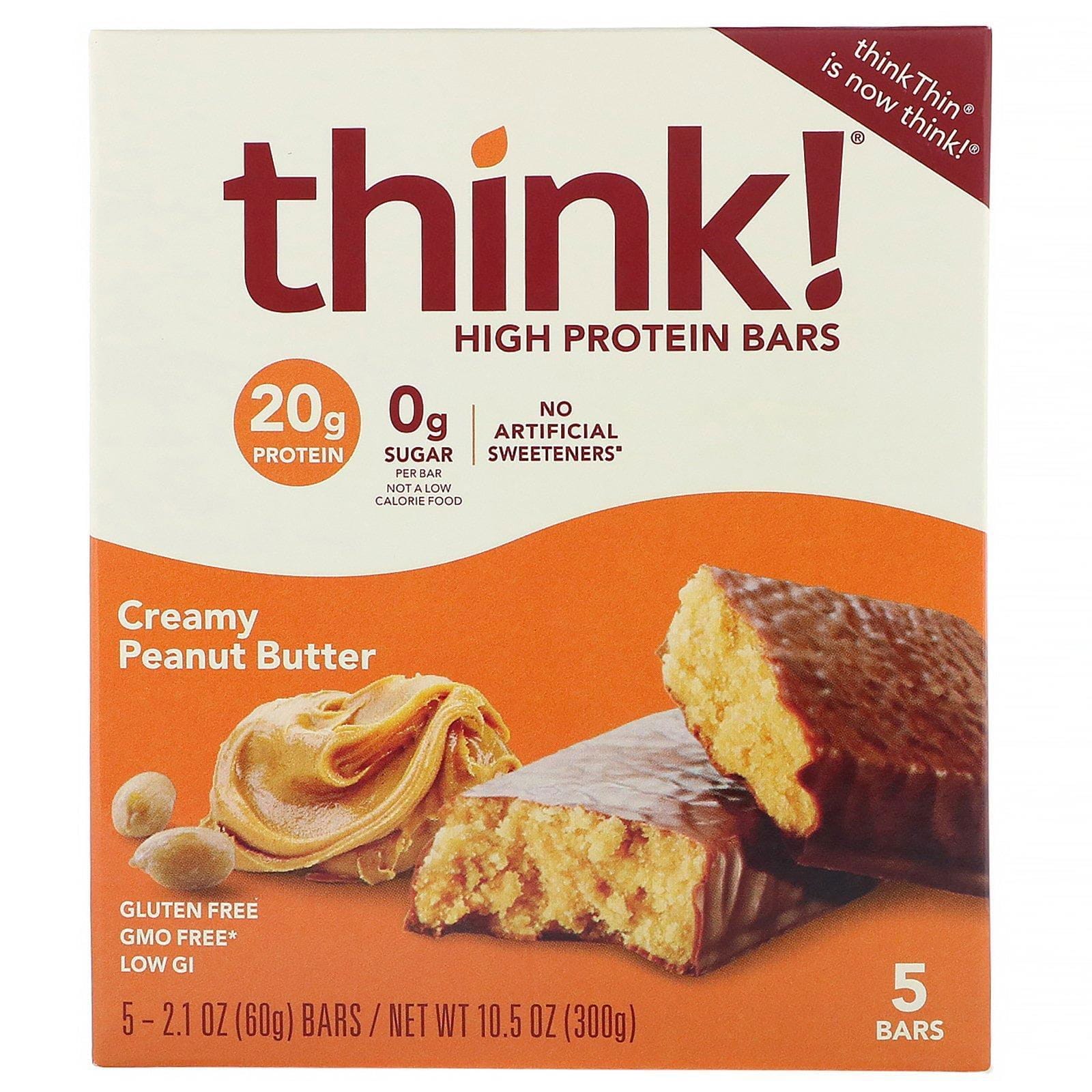 ThinkThin, Barritas altas en proteína, Mantequilla de maní cremosa, 5 barritas, 60 g (2,1 oz) cada una