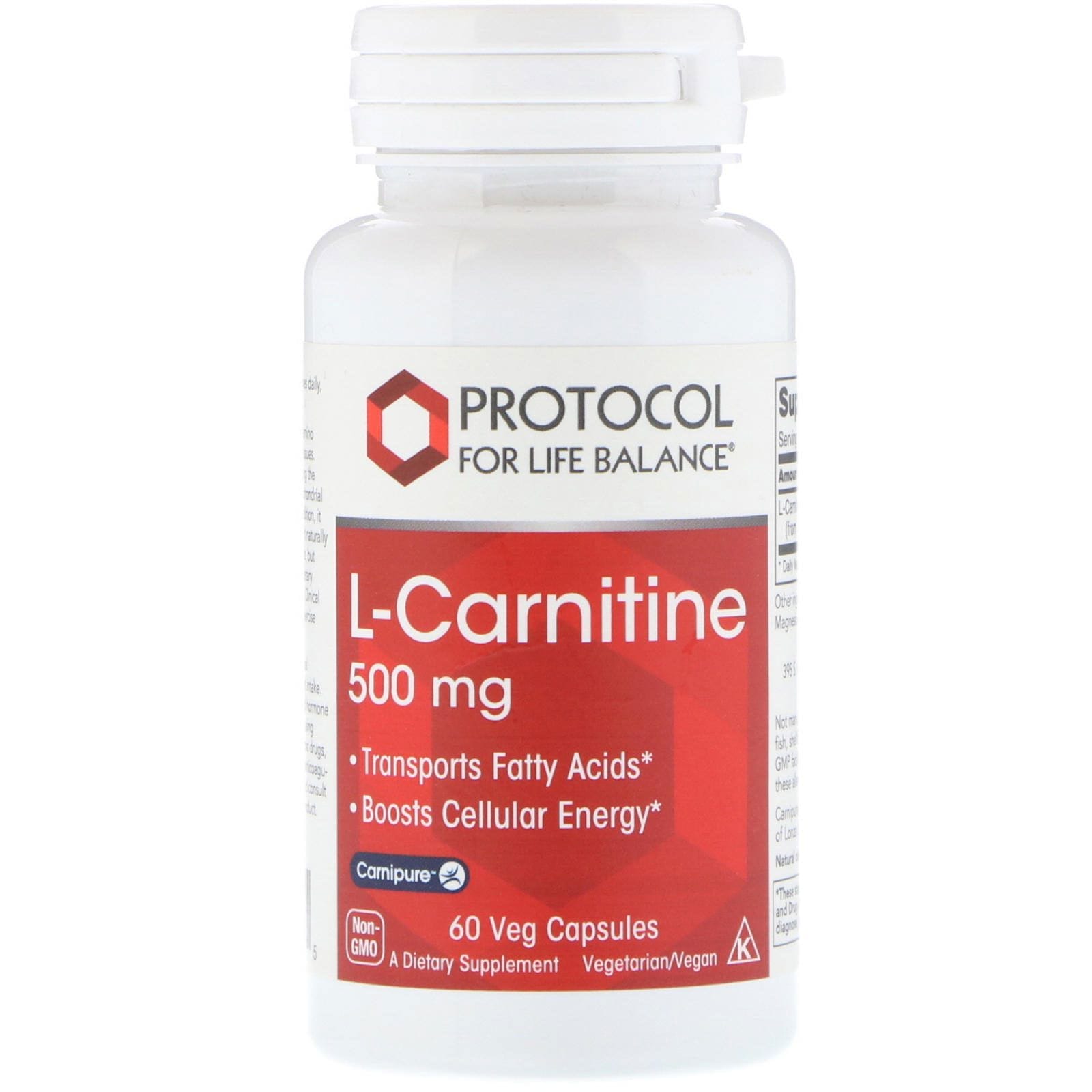 Protocol for Life Balance, L-carnitina, 500 mg, 60 cápsulas vegetales