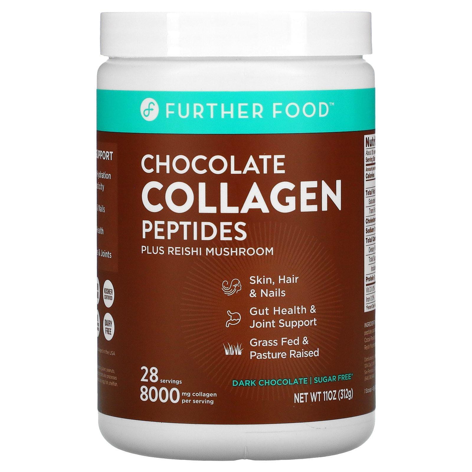Further Food, Péptidos de colágeno sabor chocolate con hongo reishi, Chocolate amargo, 312 g (11 oz)