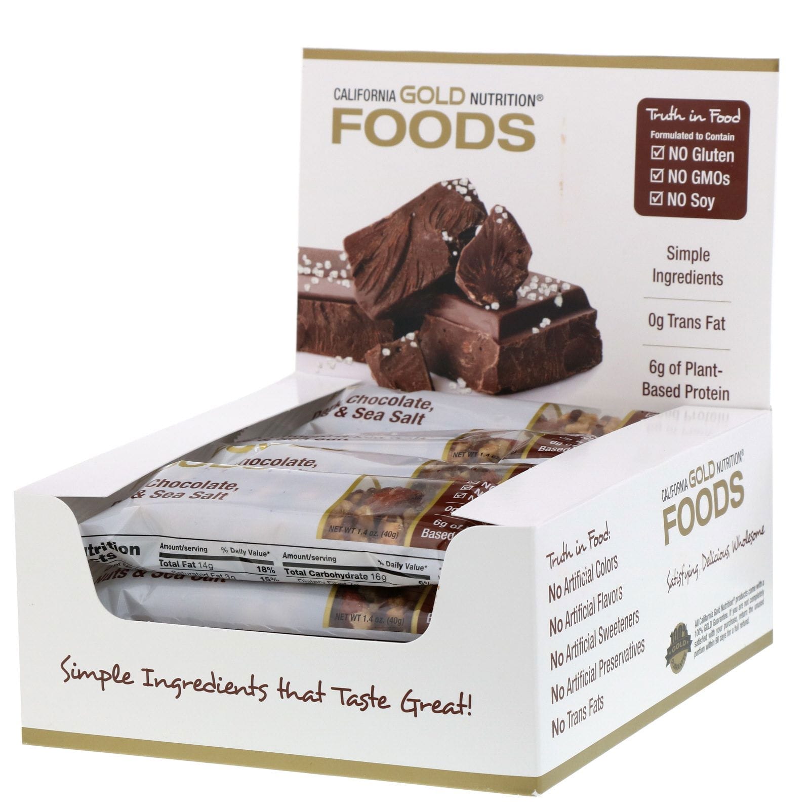 California Gold Nutrition, Foods, Barritas de chocolate amargo, frutos secos y sal marina, 12 Barritas, 40 g (1,4 oz) cada una