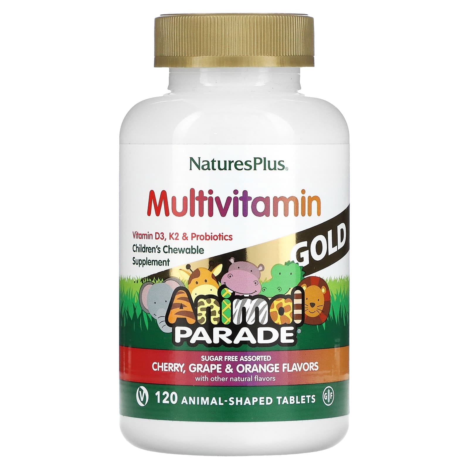 NaturesPlus, Source of Life, Animal Parade Gold, Suplemento multivitamínico y mineral masticable para niños, Sabores naturales surtidos, 120 comprimidos con forma de animales