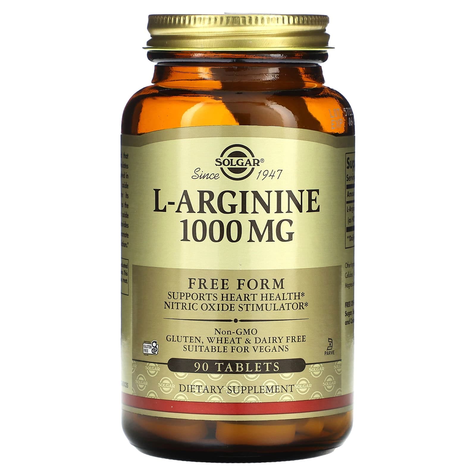 Solgar, L-arginina, Forma libre, 1000 mg, 90 comprimidos