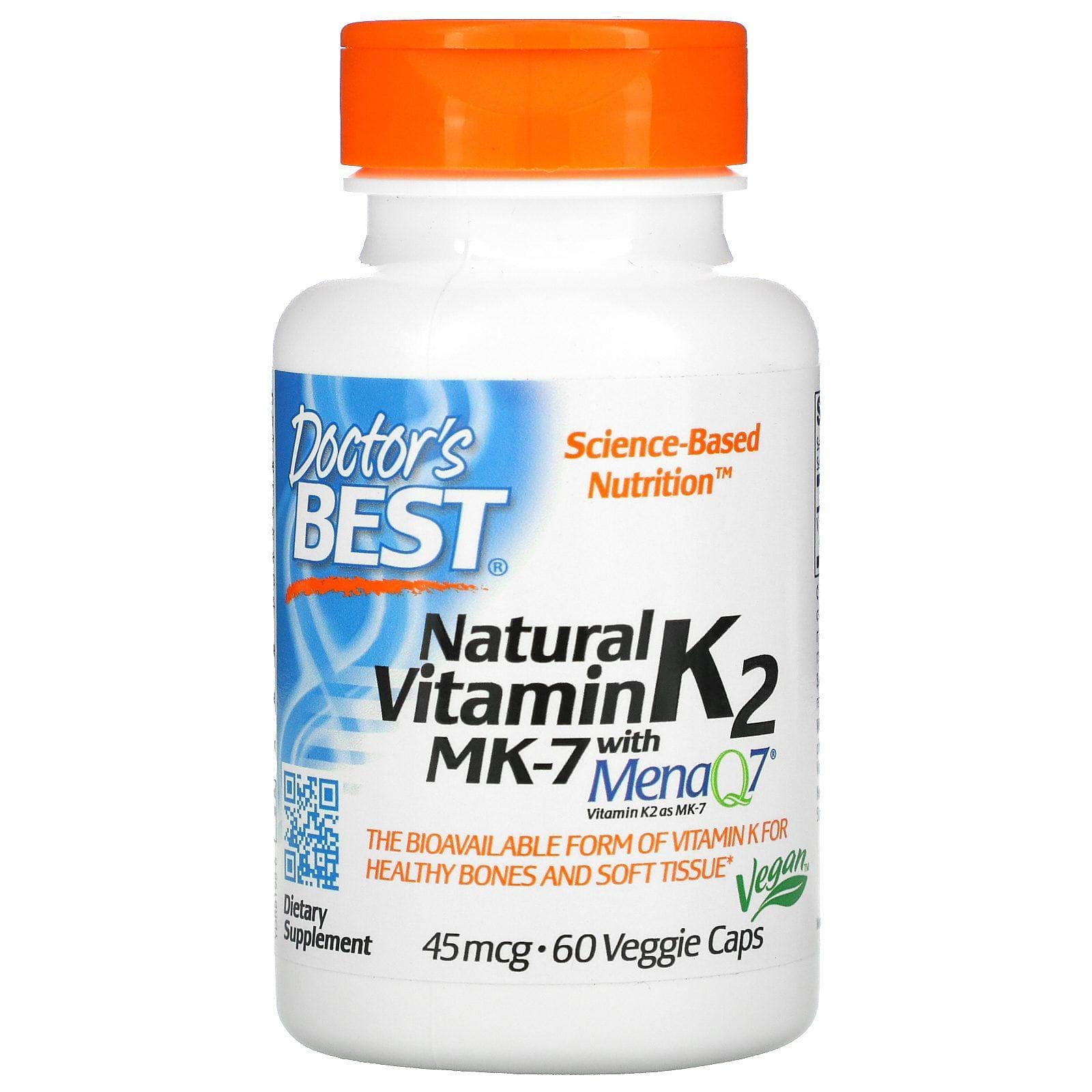 Doctor's Best, Vitamina K2 natural en forma de MK-7 con MenaQ7, 45 mcg, 60 cápsulas vegetales