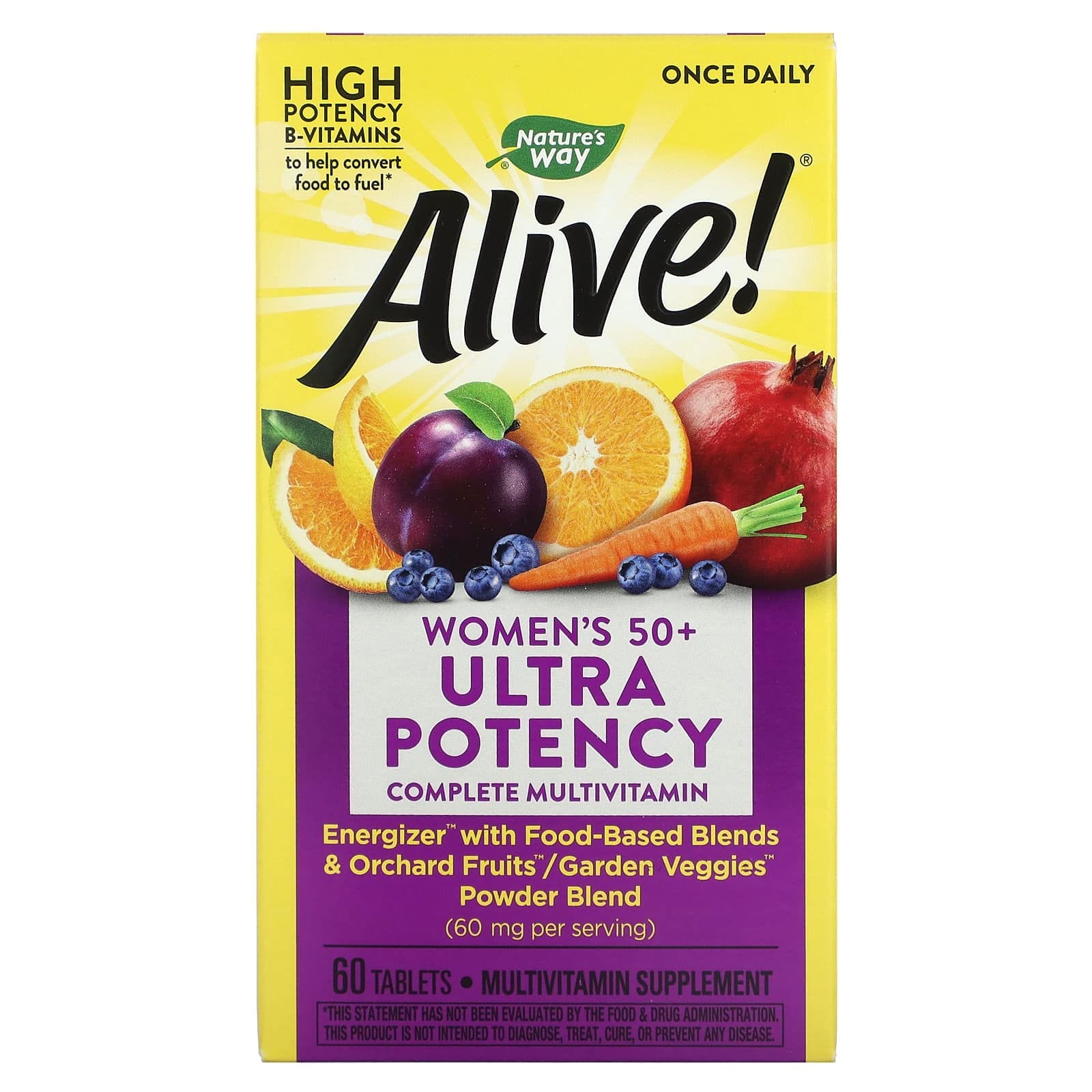 Nature's Way, Alive!, Una ingesta diaria, Suplemento multivitamínico completo y ultrapotente para mujeres de 50 años en adelante, 60 comprimidos