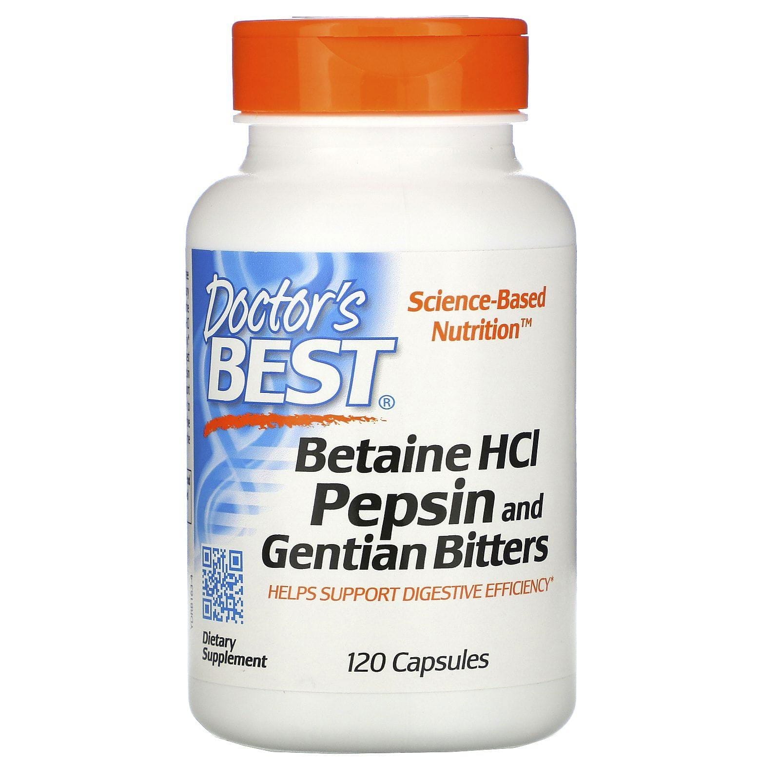 Doctor's Best, Clorhidrato de betaína, pepsina y amargo de genciana, 120 cápsulas