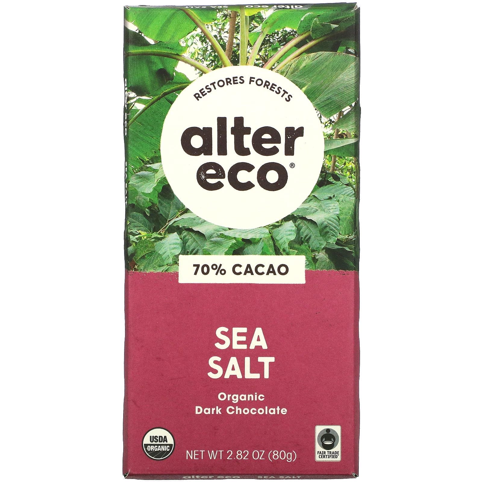 Alter Eco, Organic Dark Chocolate Bar, Sea Salt, 70% Cacao, 2.82 oz (80 g)