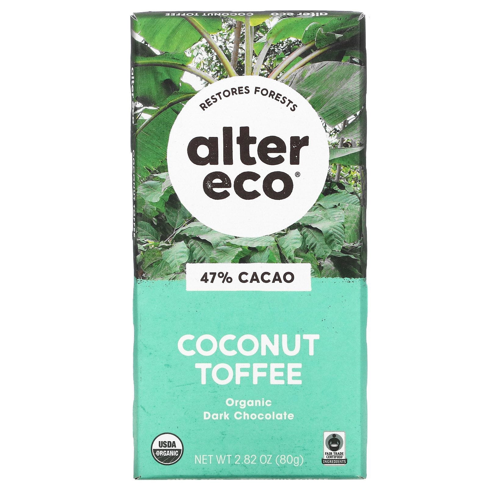 Alter Eco, Barra de chocolate orgánico, Caramelo tofi de coco, 47 % de cacao, 80 g (2,82 oz)