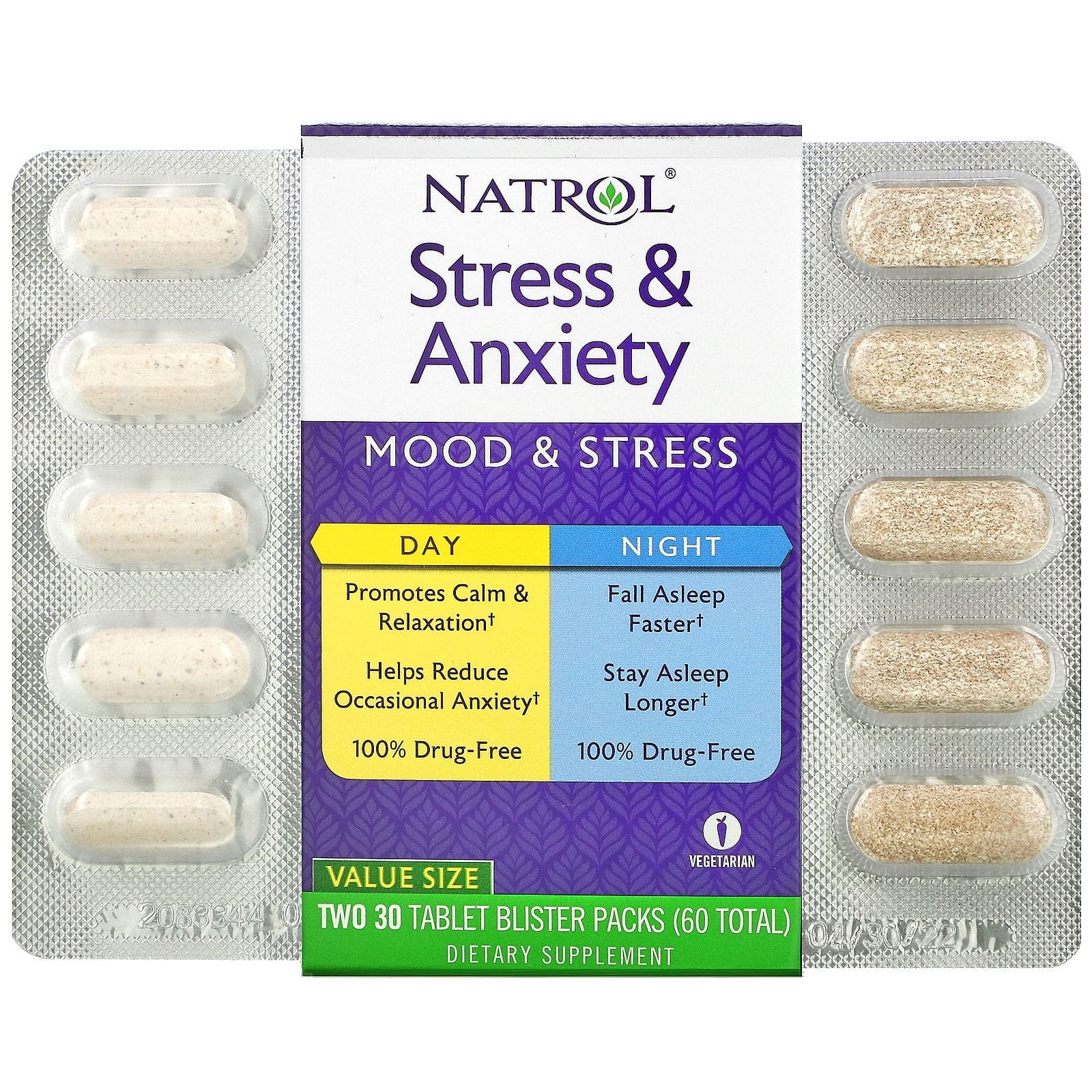 Natrol, Suplemento contra el estrés y la ansiedad, para el día y la noche, dos blísteres de 30 comprimidos (60 en total)