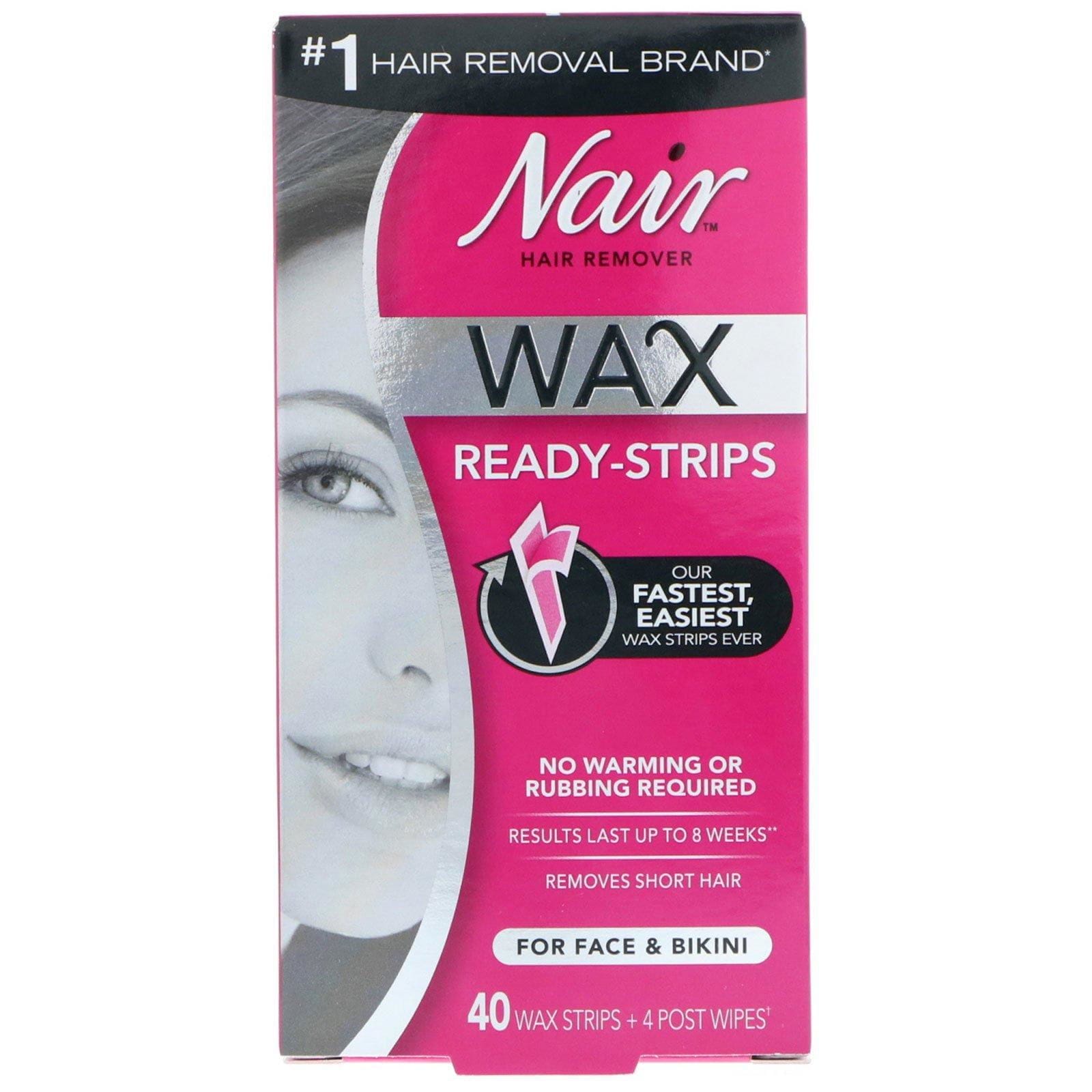 Nair, Bandas de cera depilatoria, para rostro y cavado, 40 bandas de cera + 4 toallitas húmedas posdepilación