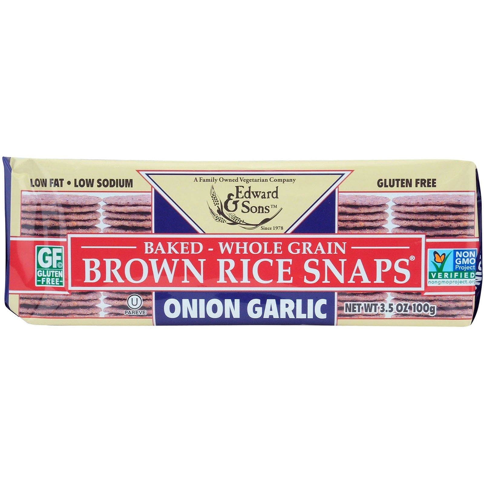 Edward & Sons, Bocadillos horneados de arroz integral, cebolla y ajo, 3.5 oz (100 g)