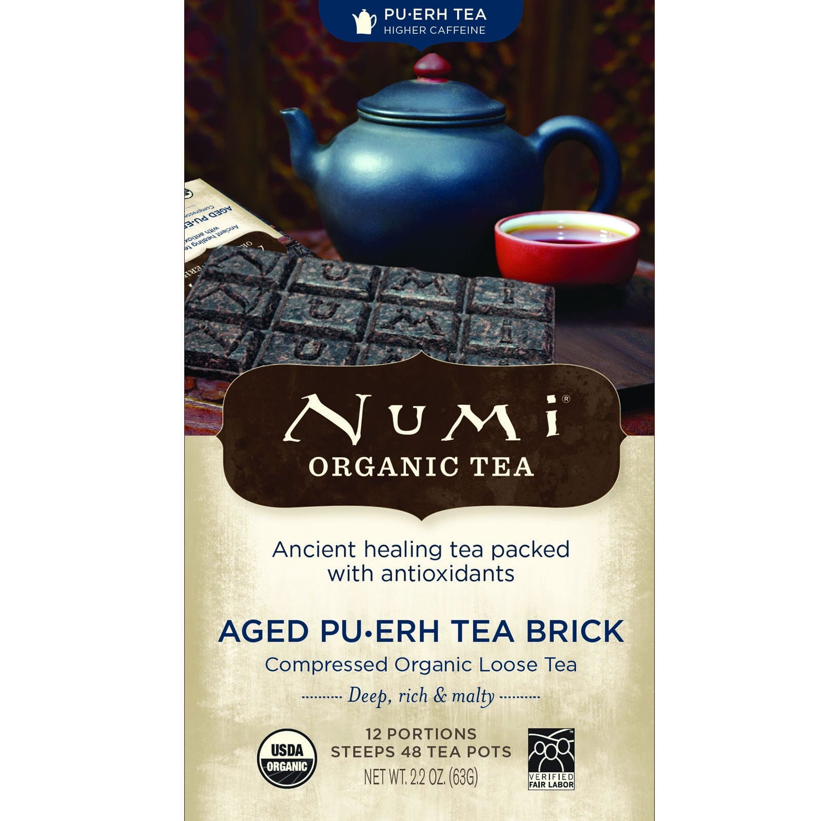 Numi Tea, Té orgánico, té Pu-erh, Bloque de té Pu-erh envejecido, 2.2 oz (63 g)