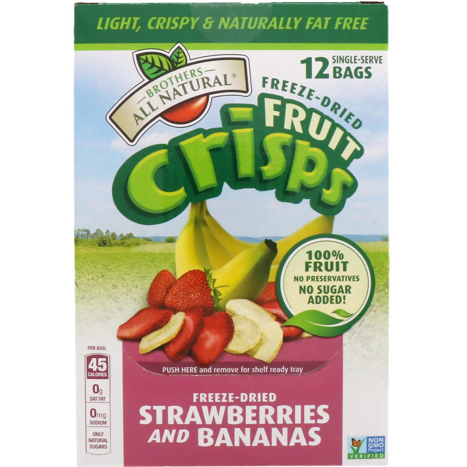 Brothers-All-Natural, Frutas, fresas y bananas liofilizadas, 12 bolsas de un solo servidor, 0.42 oz (12 g) cada una