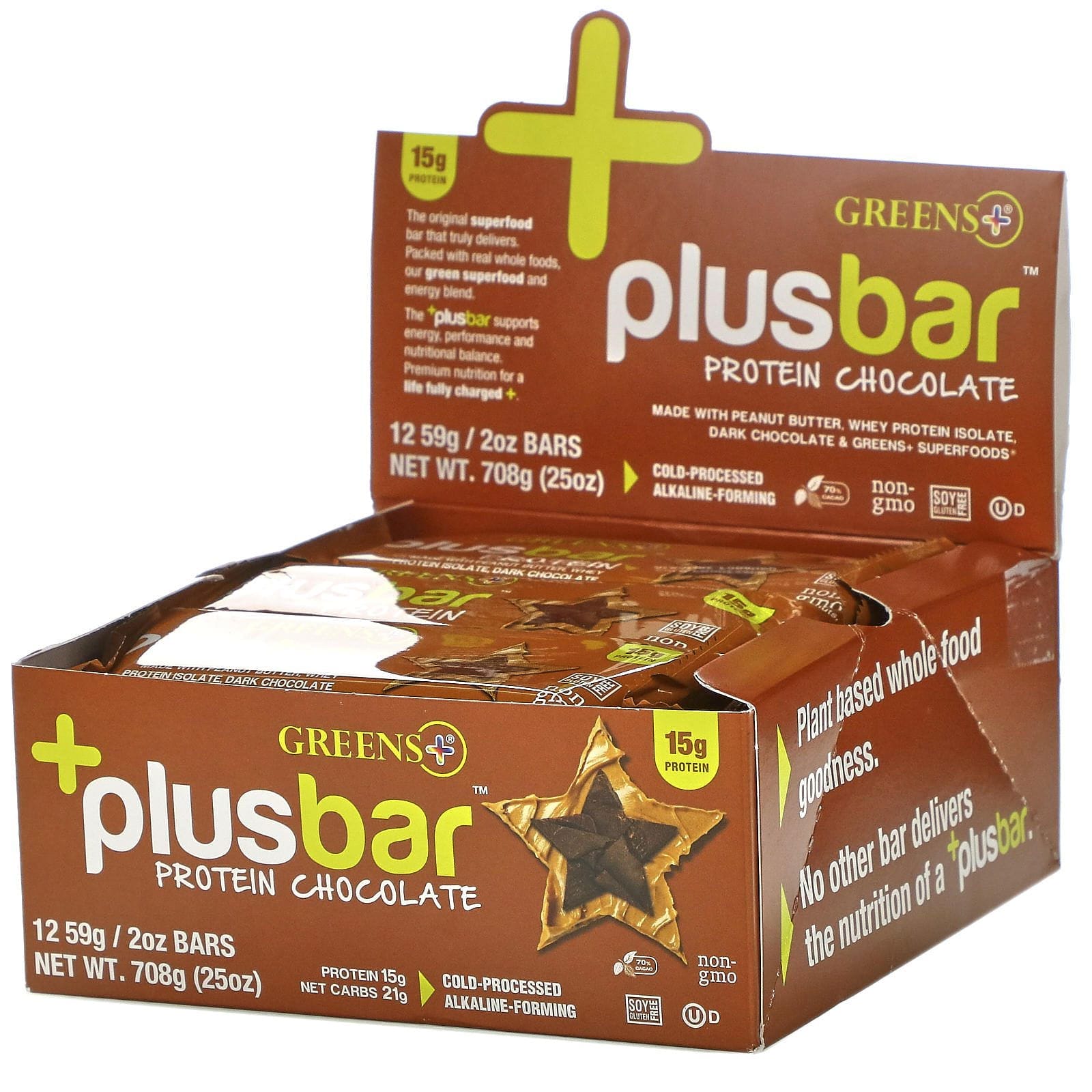 Greens Plus, Plusbar, proteína de chocolate, 12 barritas, 2 oz (59 g) c/u