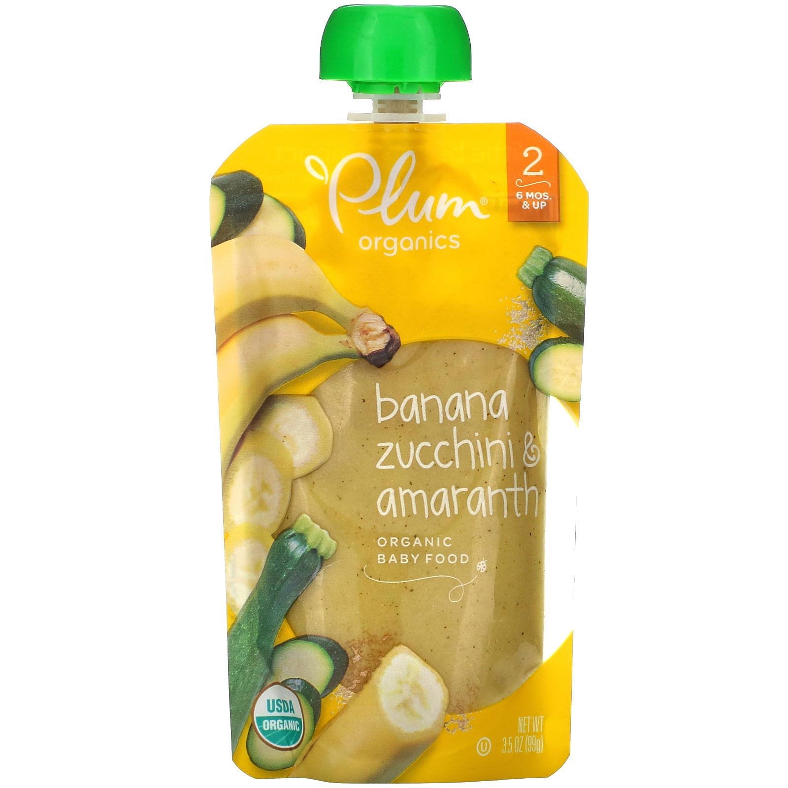 Plum Organics, Alimentos orgánicos para bebés, etapa 2, banana, calabacín y amaranto, 3.5 oz (99 g)