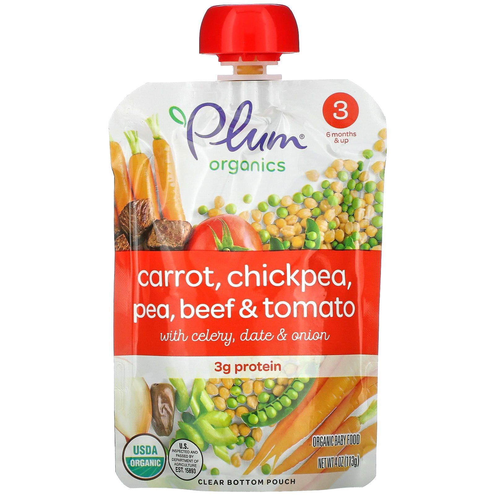 Plum Organics, Alimento orgánico para bebés, etapa 3, zanahoria, garbanzos, chícharos, carne y tomate, 4 oz (113 g)
