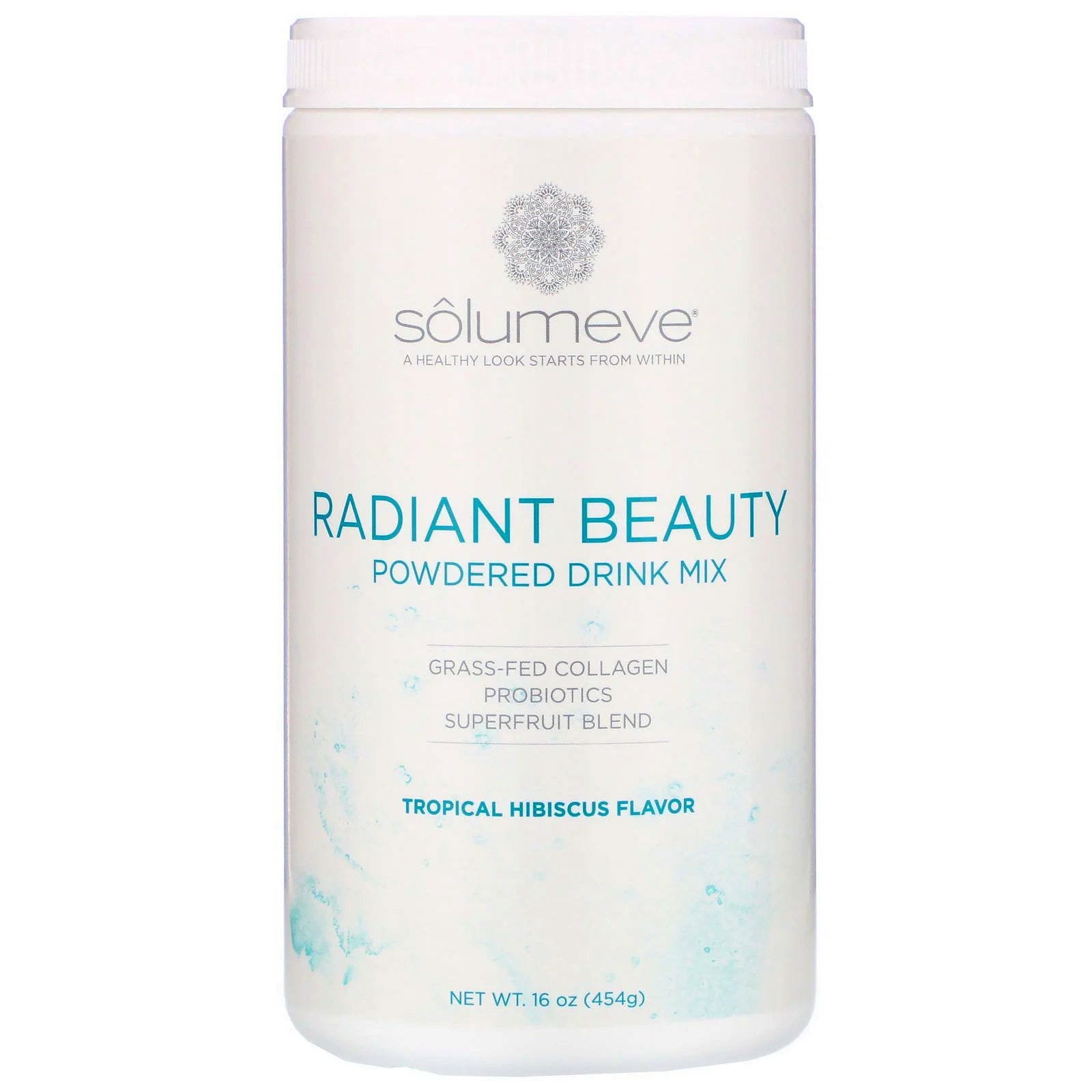 Solumeve, Belleza radiante, Colágeno proveniente de animales alimentados con pasturas, Mezcla en polvo para preparar bebidas con probióticos y superfrutas, Hibisco tropical, 454 g (16 oz)