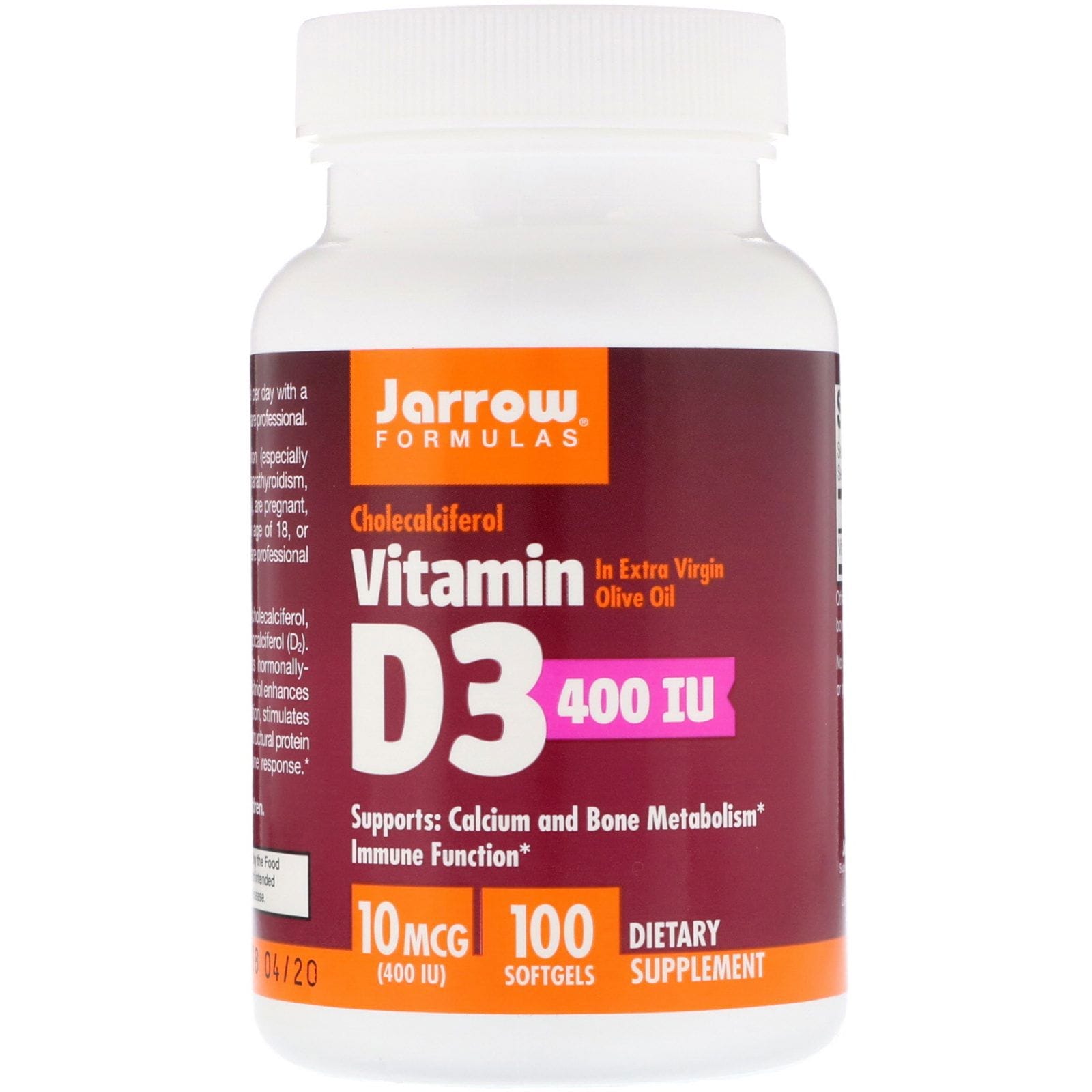 Jarrow Formulas, Vitamina D3, colecalciferol, 400 UI, 100 cápsulas blandas en gel