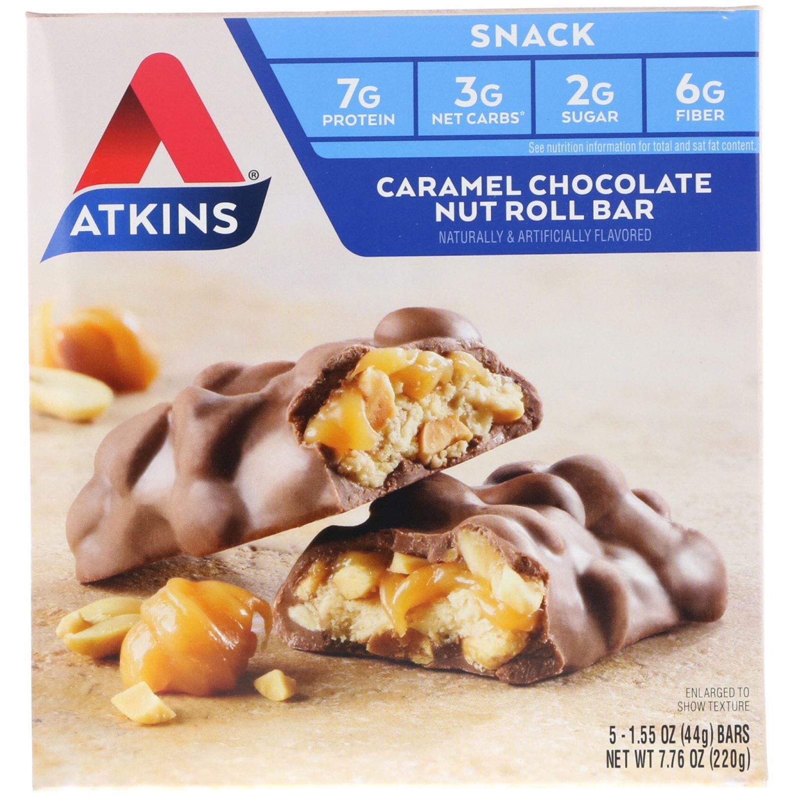 Atkins, Barra de panecillo de chocolate, caramelo y frutos secos, 5 barras, 1.55 oz (44 g) cada una
