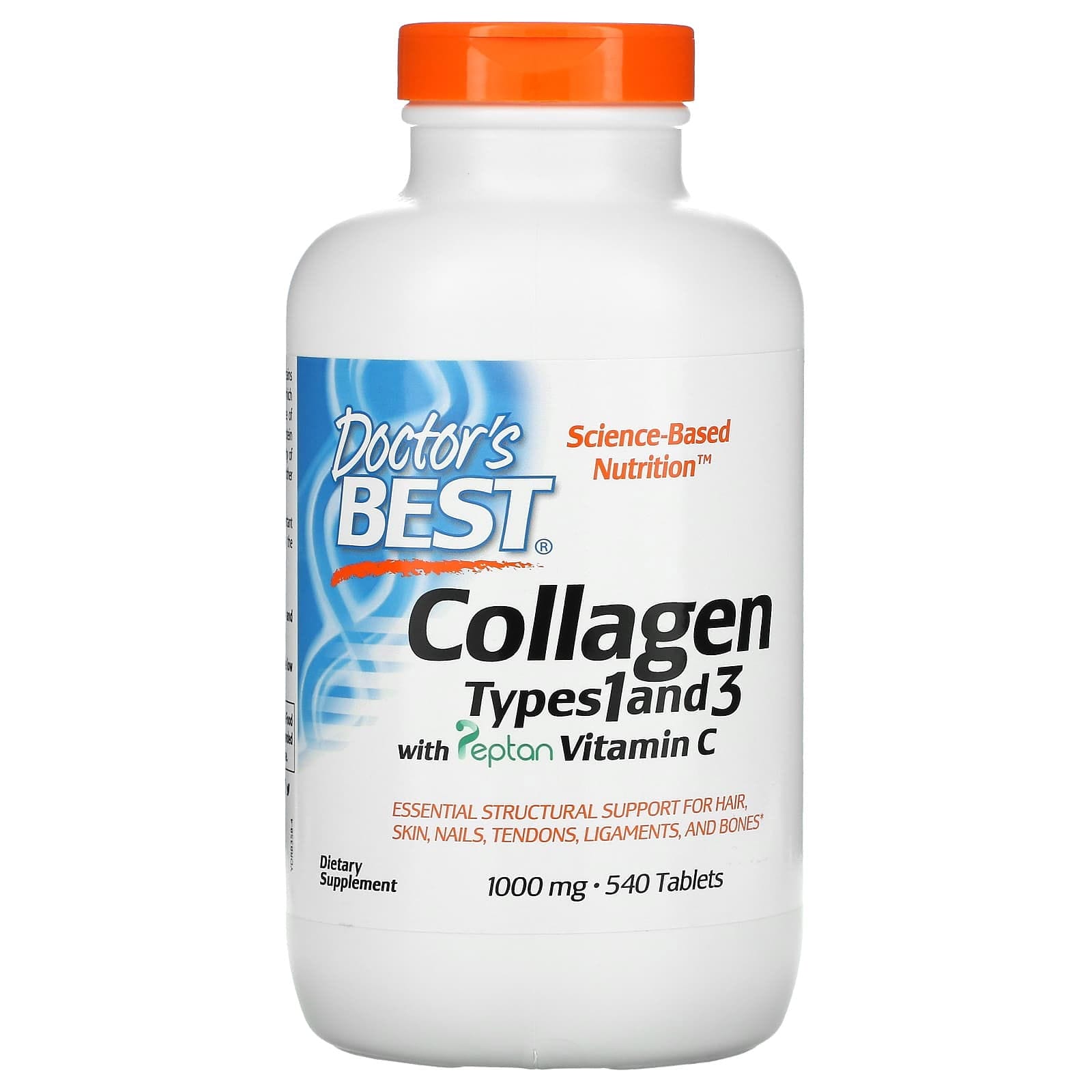 Doctor's Best, Colágeno de tipo 1 y 3 con Peptan y vitamina C, 1000 mg, 540 comprimidos