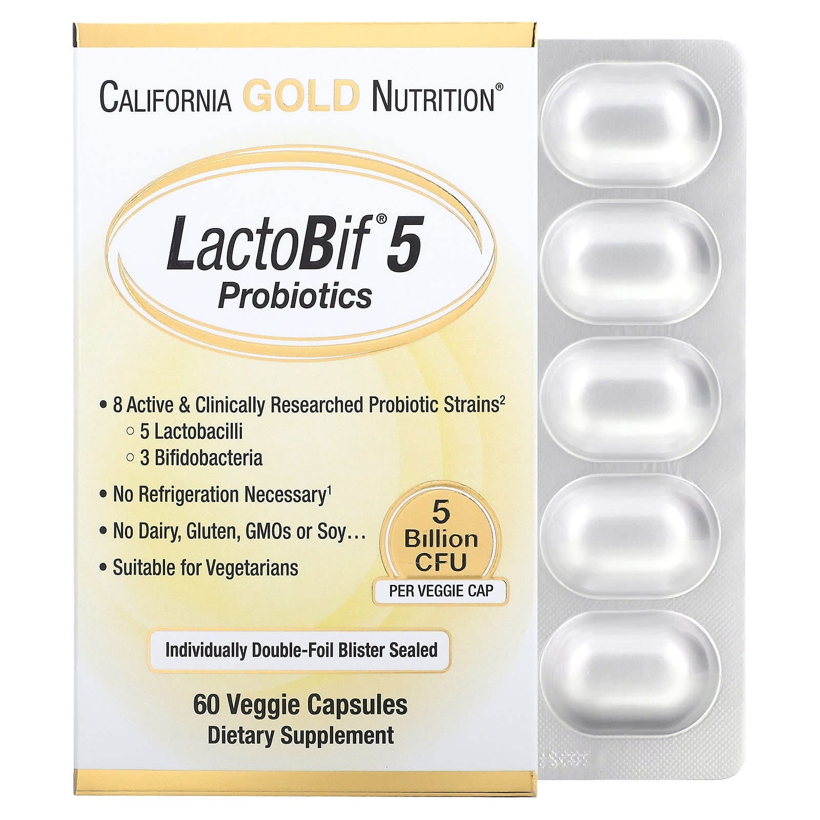 California Gold Nutrition, Probióticos LactoBif 5, 5000 millones de UFC, 60 cápsulas vegetales