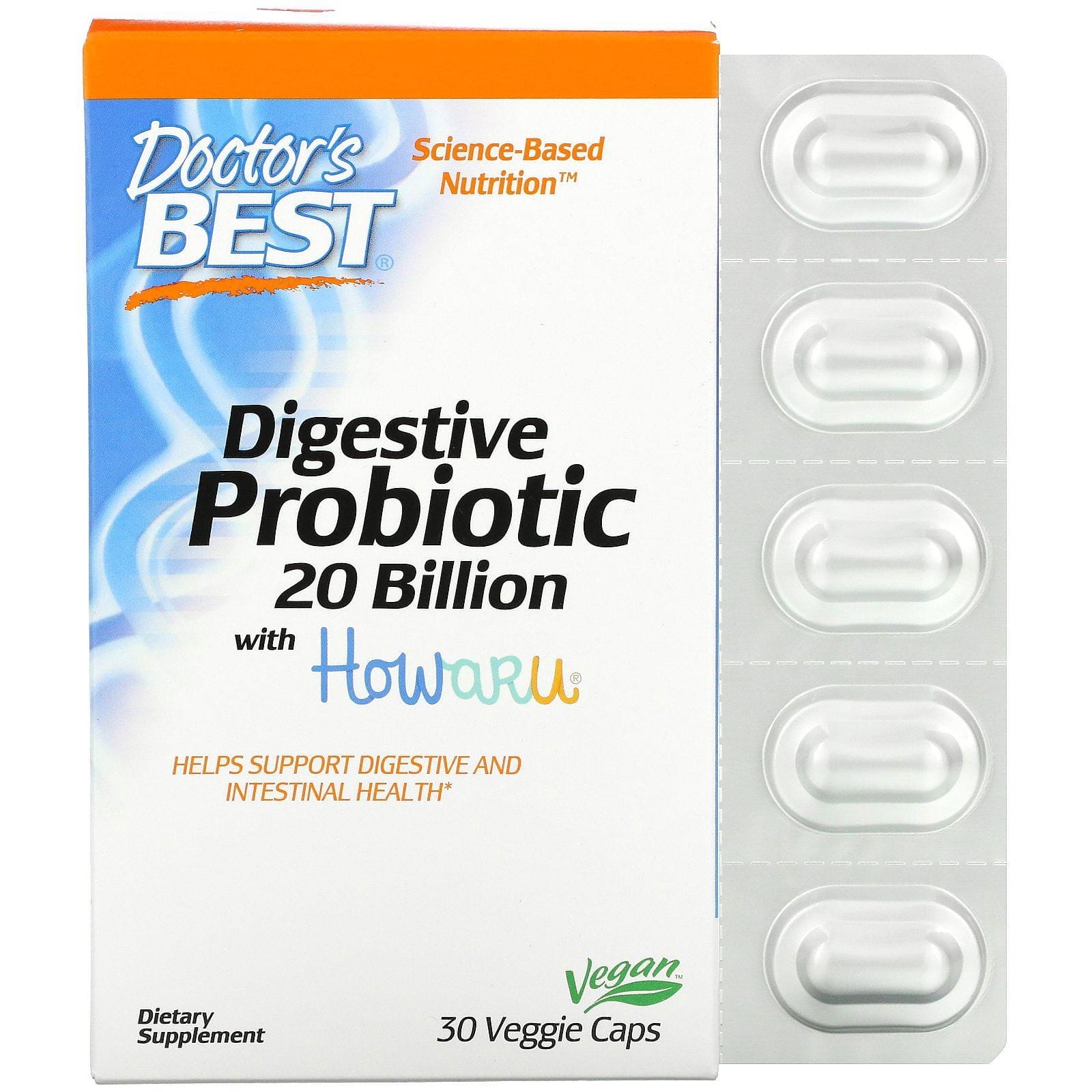Doctor's Best, Probiótico digestivo con Howaru, 20 mil millones de UFC, 30 cápsulas vegetales