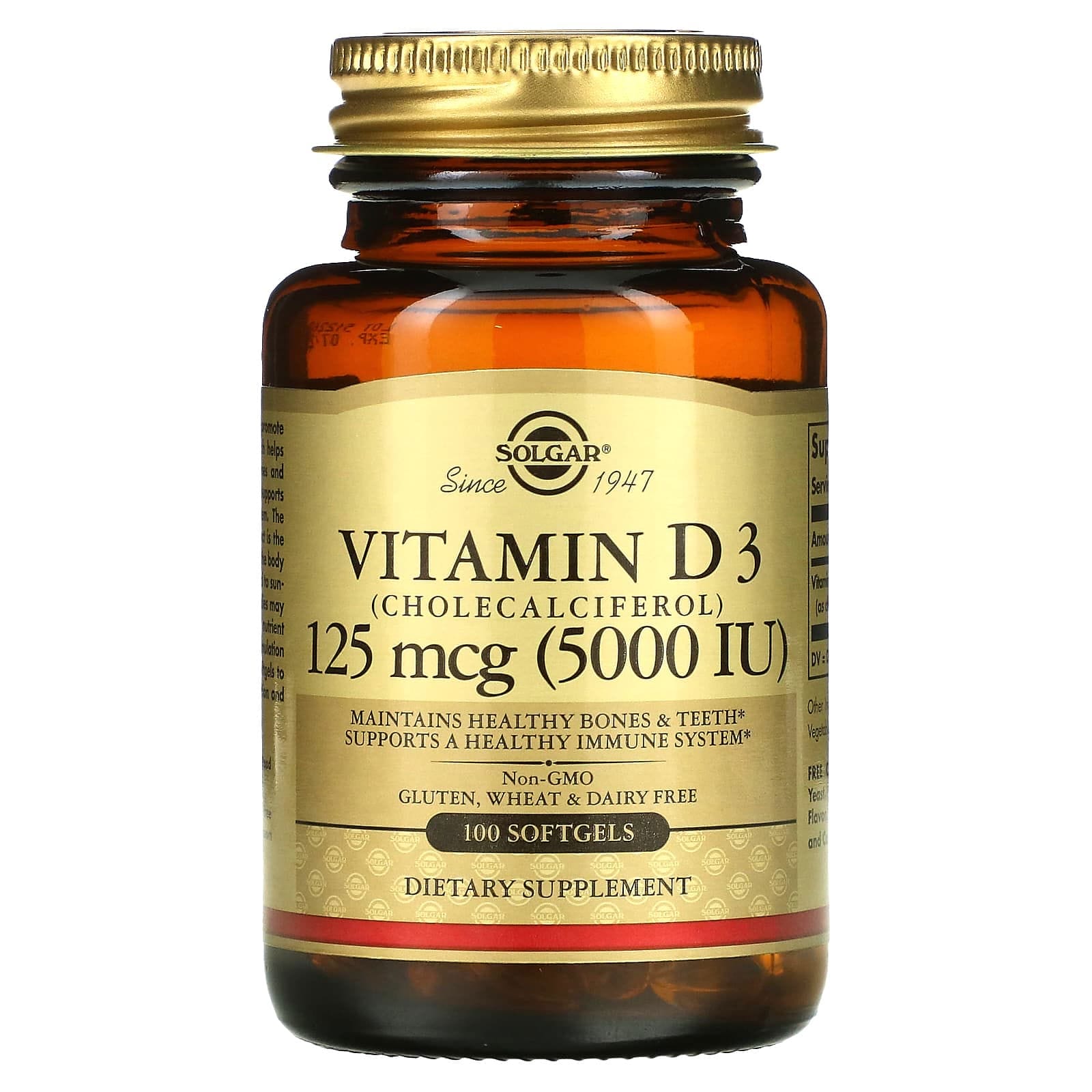 Solgar, Vitamina D3 (colecalciferol), 125 mcg (5000 UI), 100 cápsulas blandas