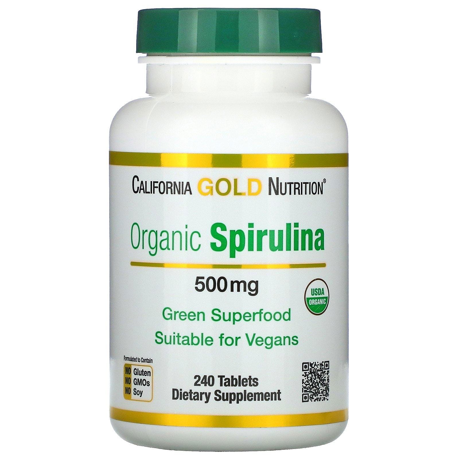California Gold Nutrition, Espirulina orgánica, Producto orgánico certificado por el USDA, 500 mg, 240 comprimidos