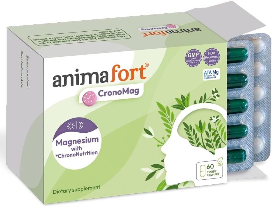 Laboratorios Niam | Complejo de Magnesio | Glicinato, Citrato, Malato | 6 Sales de Magnesio de Alta Absorción | con Vitaminas B12 y D | 60 Cápsulas | Animafort CronoMag