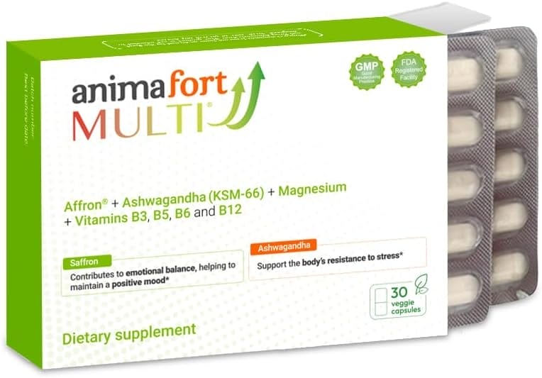 Ashwagandha KSM-66 & Saffron Supplement | Stress Relief, Mood & Emotional Balance | Vitamin B & Magnesium | Natural Pills for Mental Relaxation | 30 Capsules | AnimaFort Multi