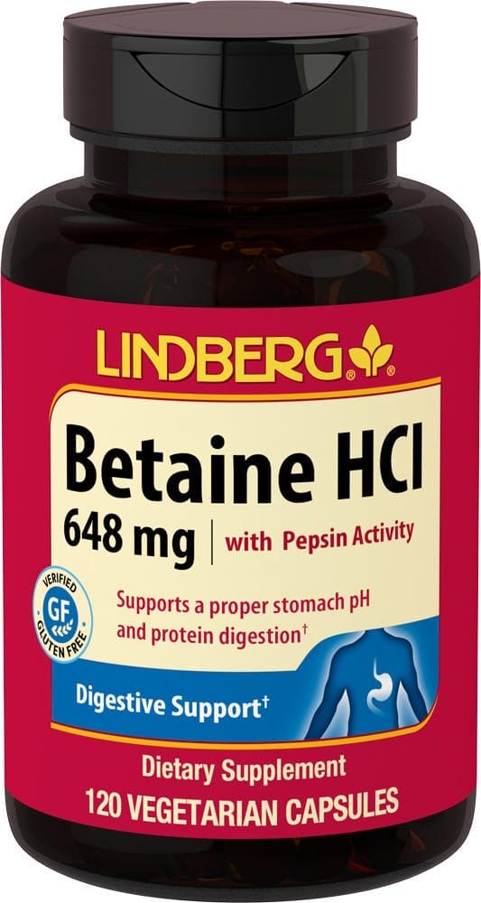 Clorhidrato de betaína, 648 mg, con actividad de pepsinas, 120 Cápsulas vegetarianas