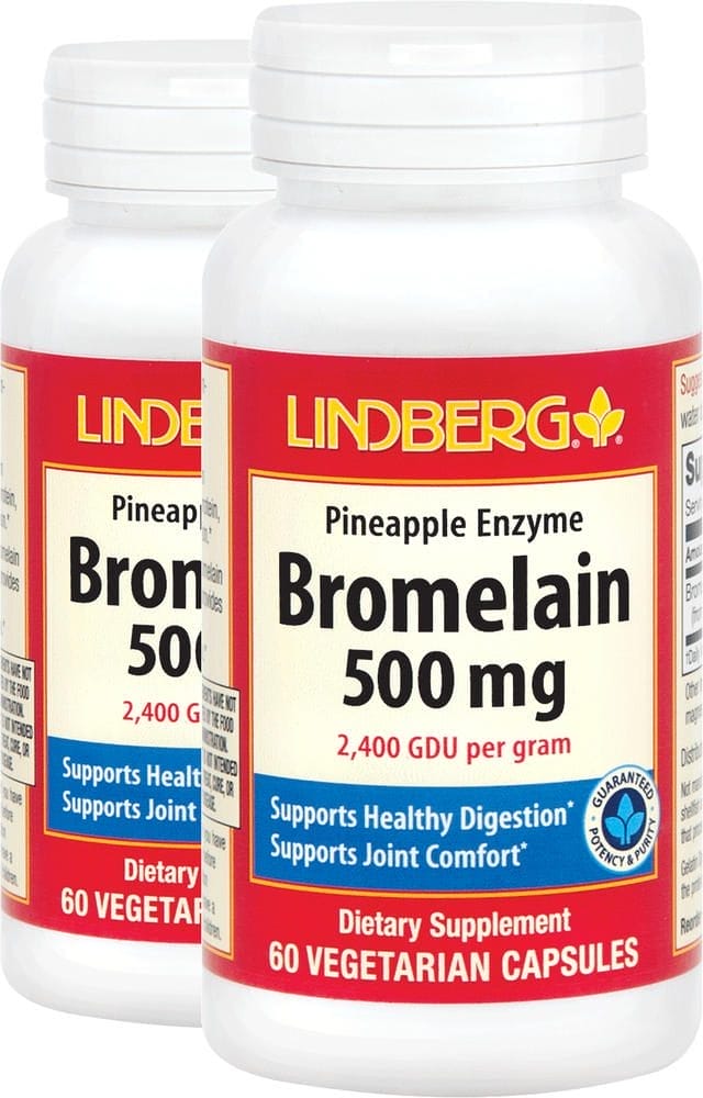 Enzima bromelaína de la piña (2400 GDU/g), 500 mg, 60 Cápsulas vegetarianas, 2 Botellas/Frascos