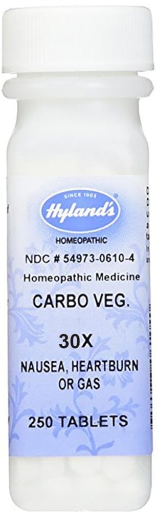Carbo Vegetabilis 30 X Homeopatía para náuseas, acidez, 250 Tabletas