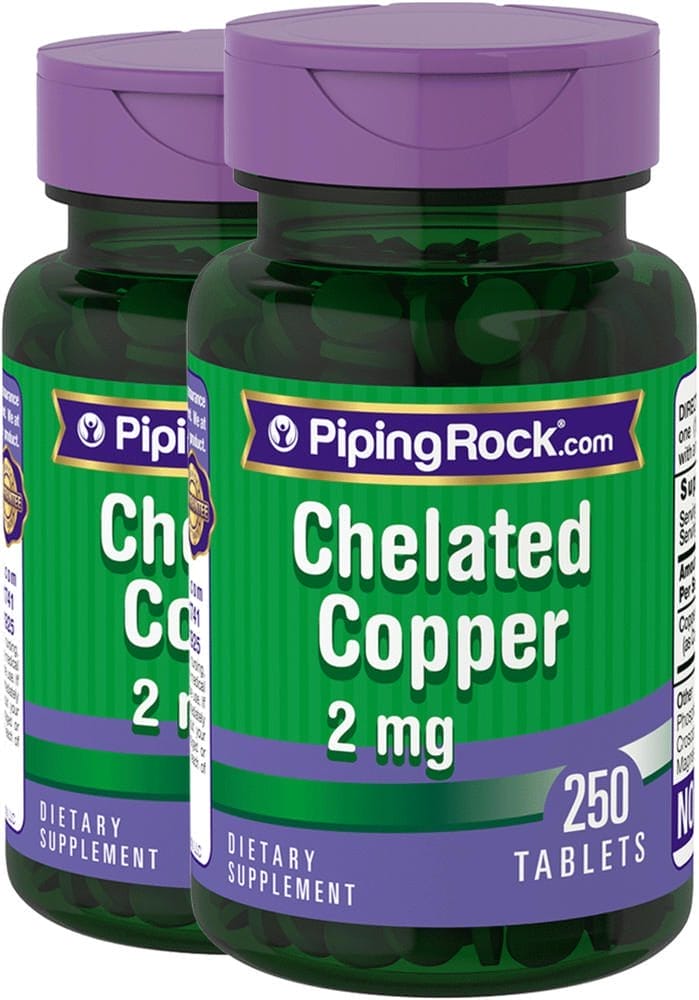 Cobre quelatado (quelato de aminoácidos), 2 mg, 250 Tabletas, 2 Botellas/Frascos