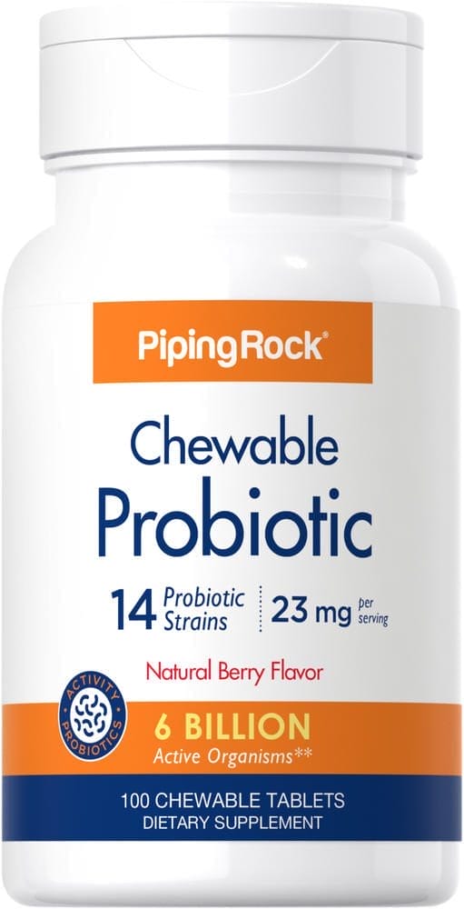Probiótico masticable, 14 cepas y 6000 millones de organismos (sabor natural a bayas), 100 Tabletas masticables