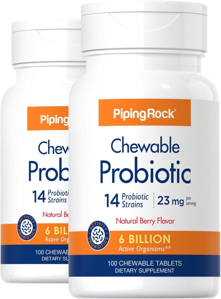 Probiótico masticable, 14 cepas y 6000 millones de organismos (sabor natural a bayas), 100 Tabletas masticables, 2 Botellas/Frascos