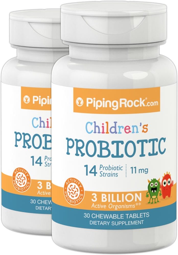 Probiótico para niños, 14 cepas y 3000 millones de organismos (sabor natural a bayas), 30 Tabletas masticables, 2 Botellas/Frascos