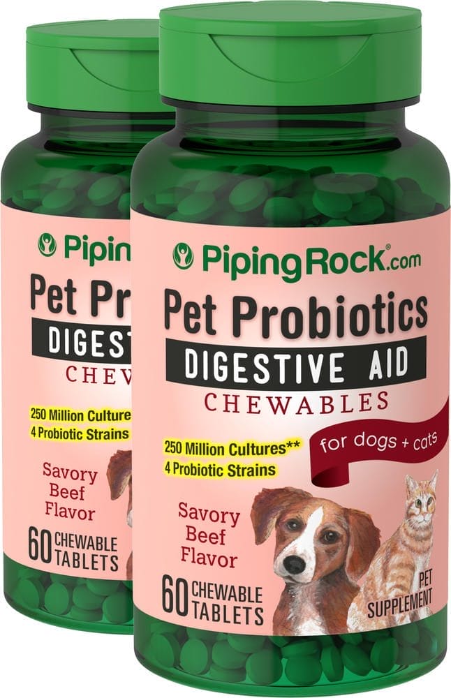 Ayuda a la digestión con probióticos para perros y gatos, 60 Tabletas masticables, 2 Botellas/Frascos