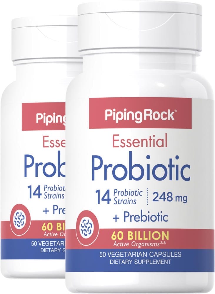 Probiótico esencial (14 cepas y 60 000 millones de organismos) + Prebiótico, 50 Cápsulas vegetarianas, 2 Botellas/Frascos
