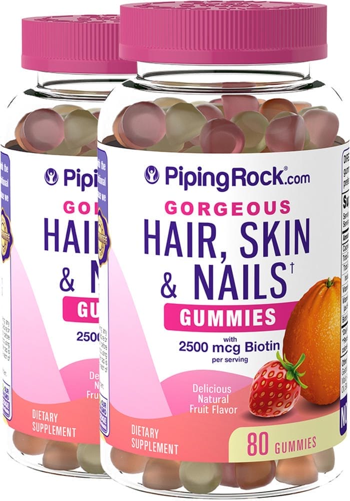 Pastillas de goma para cabello, piel y uñas, 80 Gomitas, 2 Botellas/Frascos