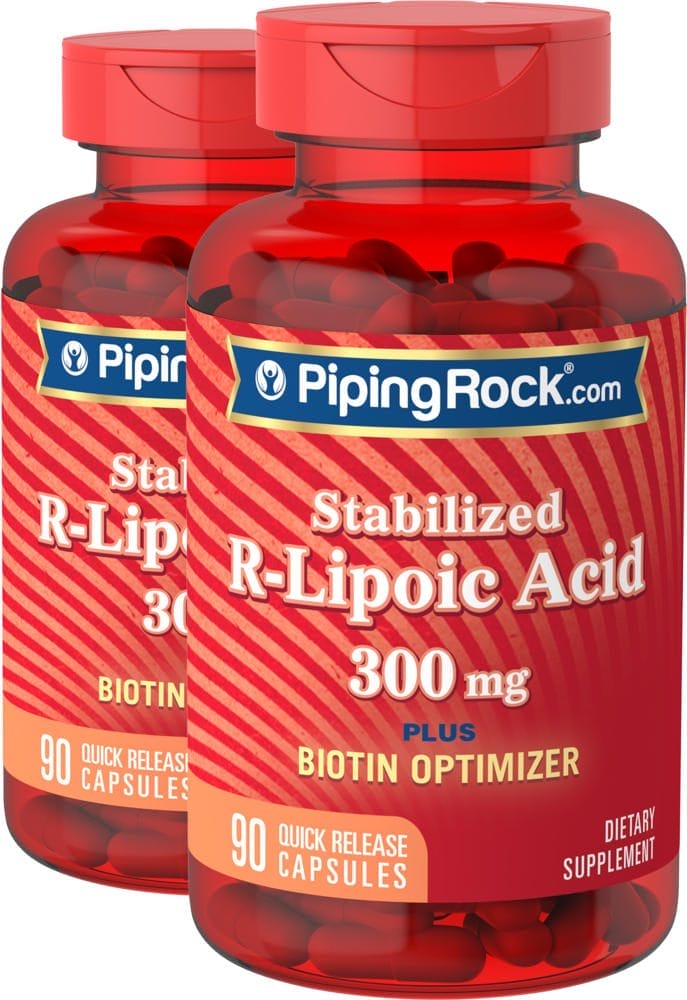 Ácido alfa r-lipoico (estabilizado) y optimizador de biotina, 300 mg, 90 Cápsulas de liberación rápida, 2 Botellas/Frascos