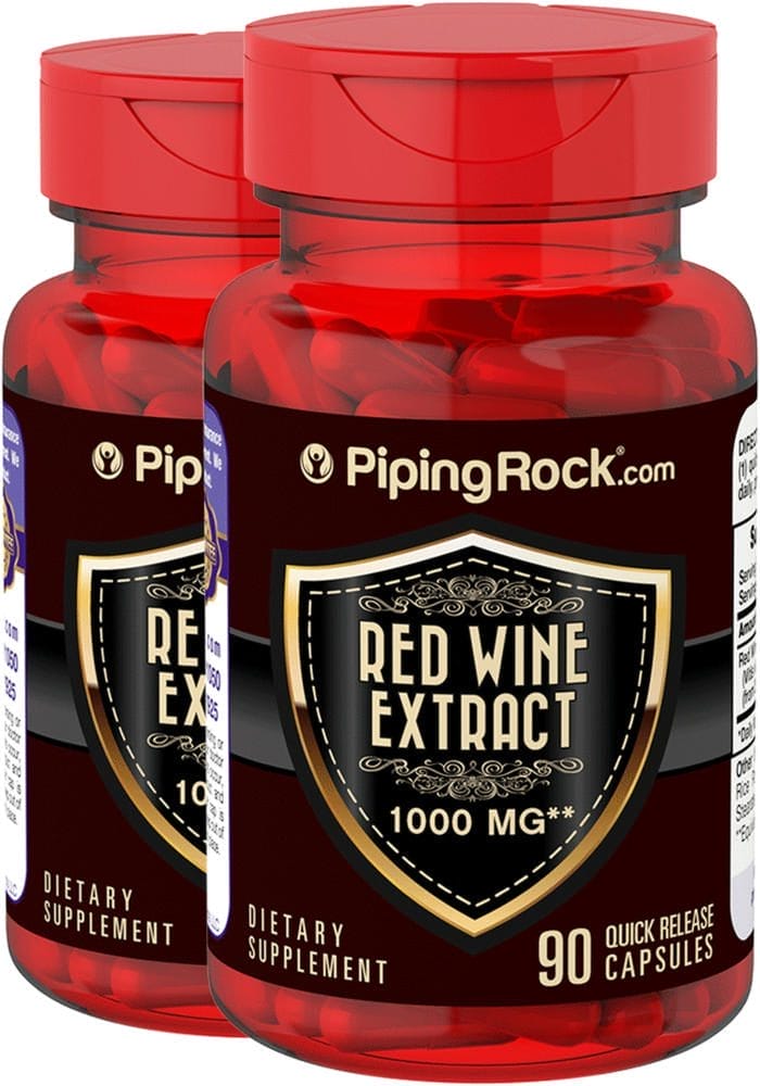 Extracto de vino tinto , 1000 mg, 90 Cápsulas de liberación rápida, 2 Botellas/Frascos