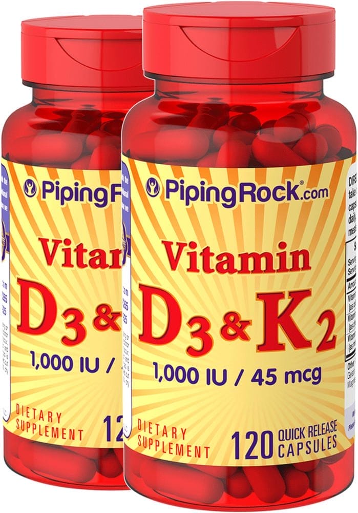 Vitamina D 3 y K 2, 45 mcg, 120 Cápsulas de liberación rápida, 2 Botellas/Frascos
