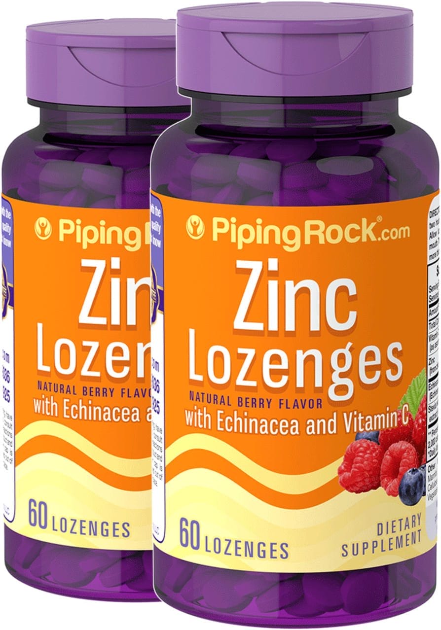 Pastillas de cinc con equinácea y vitamina C (sabor a mora natural), 60 Pastillas, 2 Botellas/Frascos