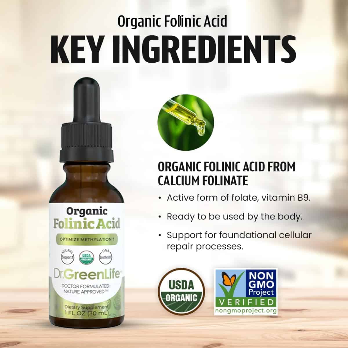 Dr. Green Mom USDA gotas de ácido folínico organico - 500 mcg - Imagen 3