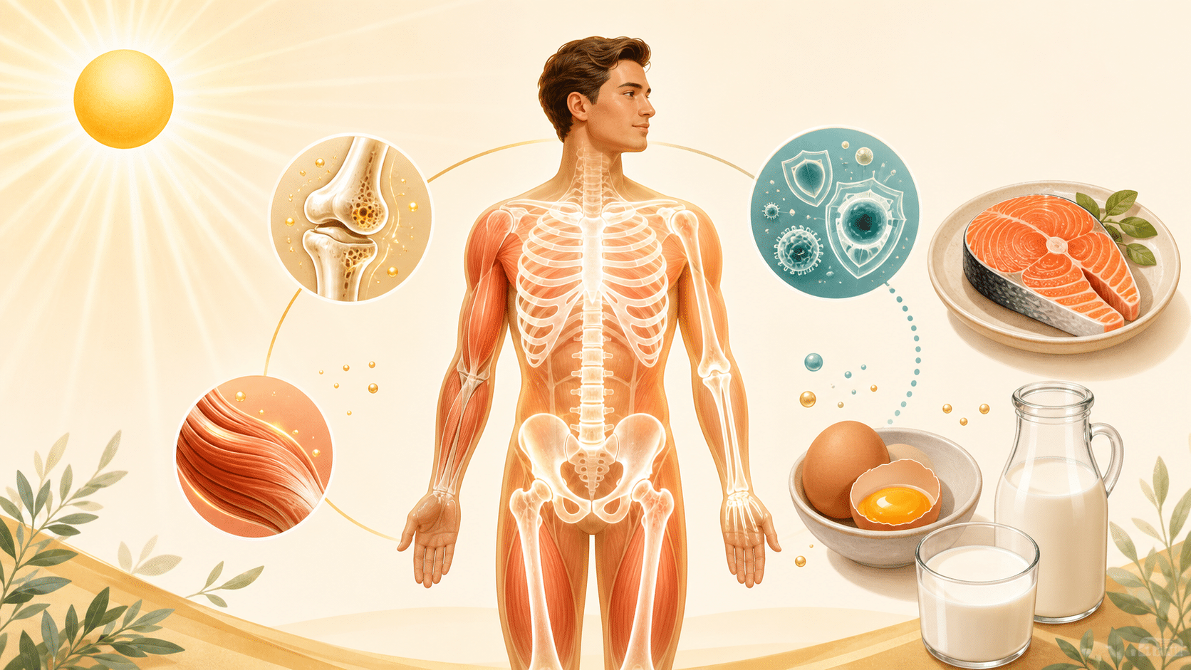 Ilustración educativa sobre las funciones de la vitamina D en huesos, músculos e inmunidad